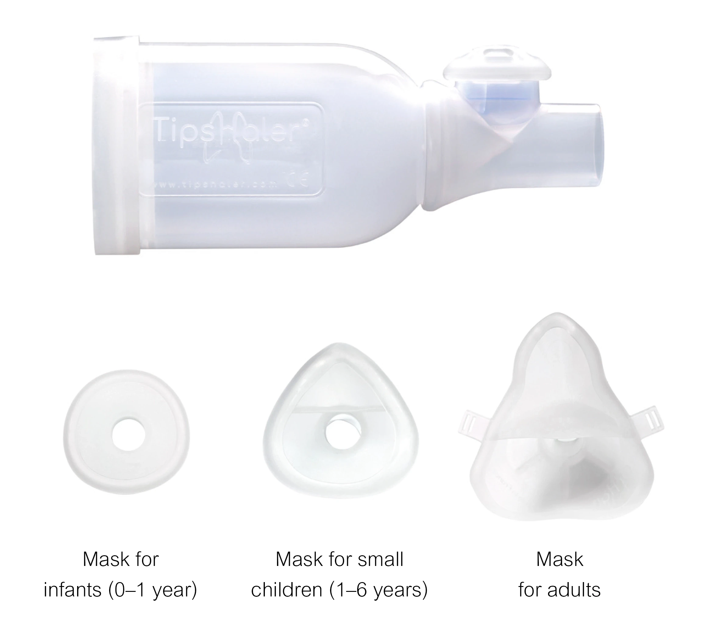 Product image of TipsHaler-HospitHal® spacer aid and associated masks