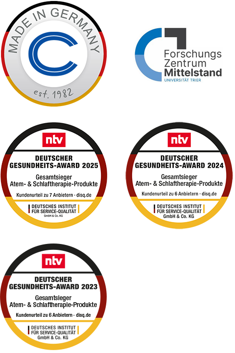 Auszeichnungen und Gütesiegel, darunter Made in Germany, Gesundheits-Award 2024 und 2025