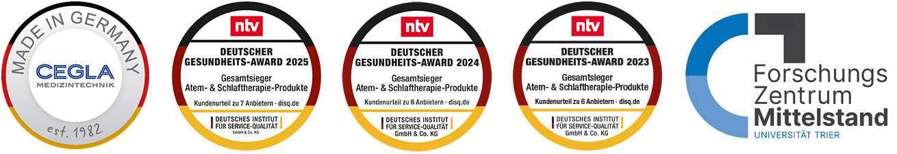 Awards and seals of approval, including Made in Germany, Health Award 2023 and 2024