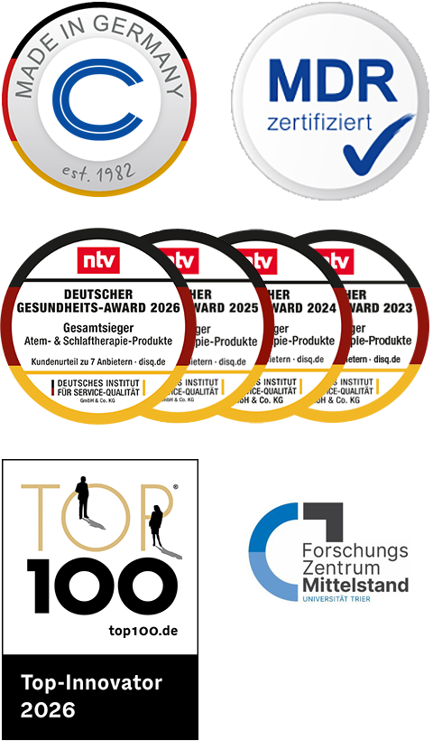 Auszeichnungen und Gütesiegel, darunter Made in Germany, Gesundheits-Award 2025 und 2026